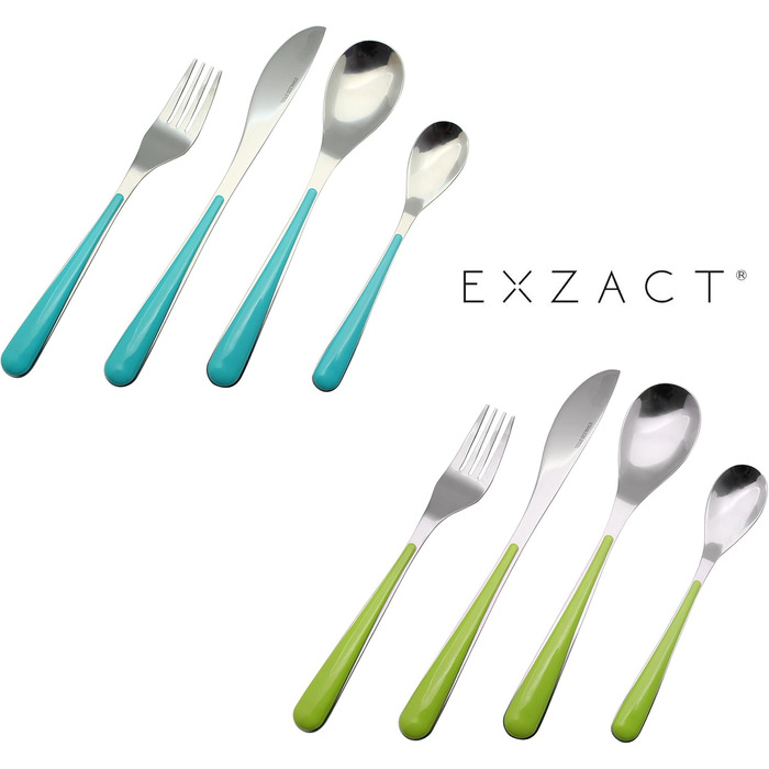 EXZACT Cutlery Set with Stand / 24 PCS Stainless Steel Cutlery Set in a Plastic Holder - Colored Handles - 6 x Forks, 6 x Knives, 6 x Spoons, 6 x Teaspoons - Green (EX153 x 24)