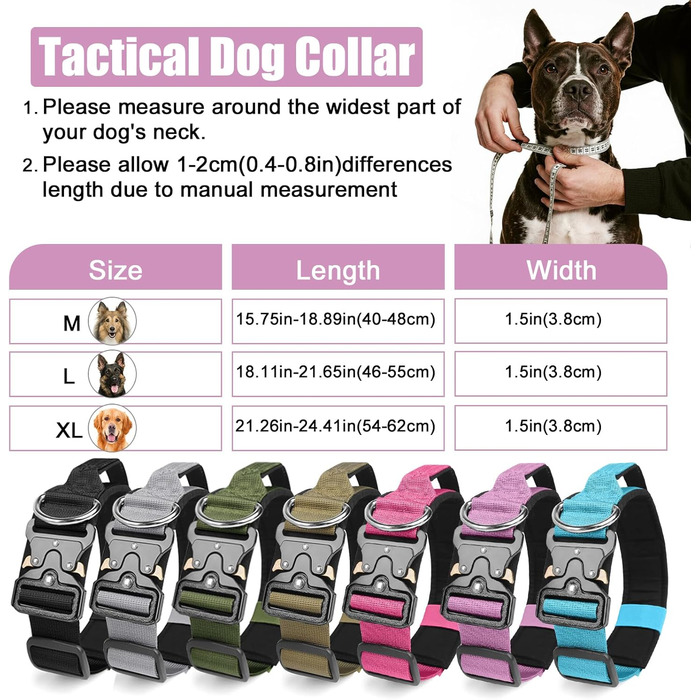 Тактичний нашийник для собак Ledeak з ручкою, регульований, широка підкладка, нашийник з металевою застібкою, навчальний нашийник для собак (фіолетовий, M)