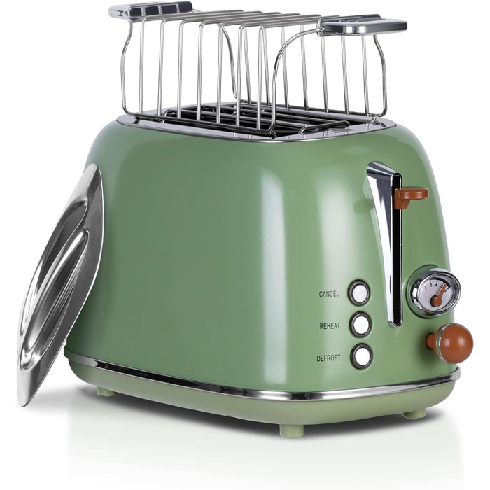 Wiltal Retro 2-Slice Toaster with 6 Adjustable Browning Levels, Stainless Steel with high-quality bread roll attachment. Warming, defrosting, and cancel function, countdown display, quick-toast technology (green)