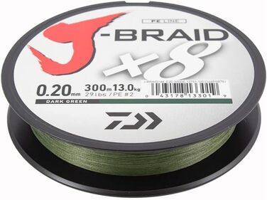 Плетена риболовна ліска Daiwa J-Braid 8-жильна, 300 м, темно-зелена, діаметр 0,13 мм