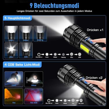 LED ліхтарик Sidark, 500000 люмен, водонепроникний IPX7, 9 режимів, Zoom, бічне світло, для кемпінгу та надзвичайних ситуацій