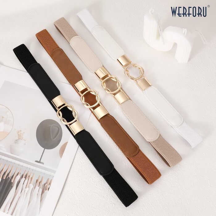 Жіночий еластичний пояс WERFORU (4 шт.) - чорний, коричневий, білий, бежевий - для талії 95-108 см, з золотою пряжкою