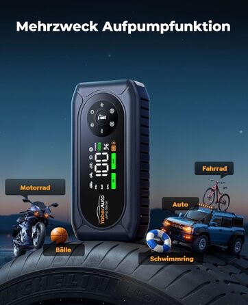 Powerbank для автомобіля YaberAuto AP02 з компресором, 150PSI, 4500A, для бензинових двигунів до 9.0L та дизельних до 8.0L, LED ліхтар 500 Lumen (4 режими), LCD дисплей 3.3