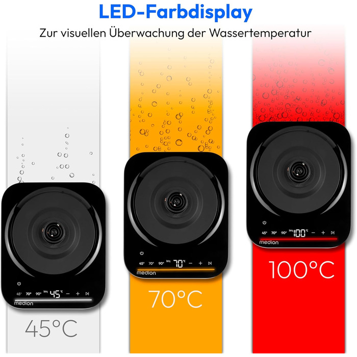 Електричний чайник MEDION LIFE MD12106, 2.2 кВт, 1.5 л, LED дисплей, LED підсвітка, автопрограми, захист від дітей, чорний