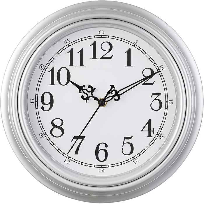 Plumeet Extra Large Wall Clock Classic Quiet Wall Clock without Ticking for Living Room - Bedroom - Battery Operated (Arabic Numerals) (25cm, Silver)