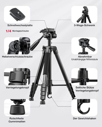 Штатив для камери CAMBOFOTO 186 см: професійний штатив з моноподом для DSLR, беззеркальних камер, телефонів та відеокамер, з тримачем для телефону та чохлом (чорний)
