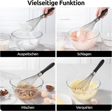Міксер кухонний U-Taste, 30 см, з нержавіючої сталі 18/10, 12 гнучких дротів, силіконовий ручка, для тіста та соусів (Чорний)