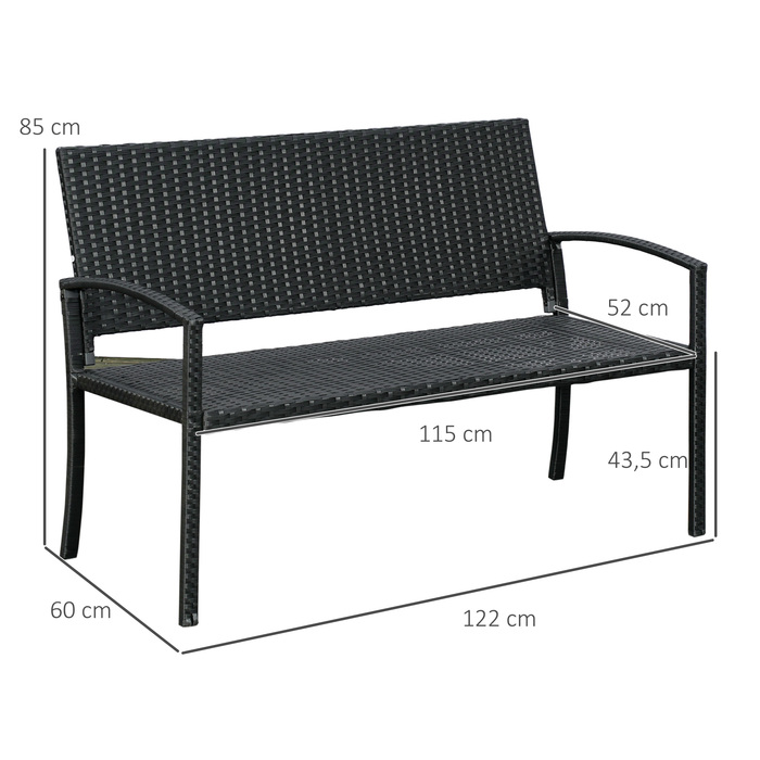Садова лавка Outsunny з ротангу Polyrattan на 2 особи, паркова лавка зі сталевим каркасом та плетінням, чорного кольору, розміром 122 x 60 x 87 см для саду та тераси.