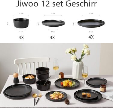 Набір посуду Jiwoo на 4 особи (12 предметів): тарілки, миски, десертні тарілки, Bone China, чорний матовий, для мікрохвильовки та посудомийної машини