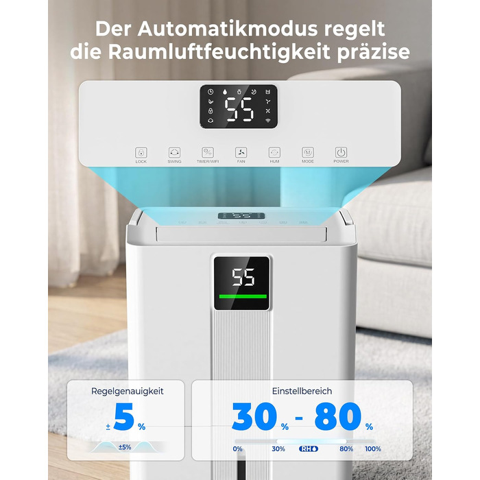 Осушувач повітря Airfish 30 л/добу, Smart WiFi, резервуар 5.5 л, з таймером та авторозморожуванням для дому, ванної та спальні