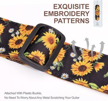 Гітарний ремінь 5,1 см з бавовняним друком, квітковий принт, з повним шкіряним кінцем, для бас-гітари, електро- та акустичної гітари, безкоштовна кнопка для ременя, фіксатори для ременя та медіатори. Жовті ромашки