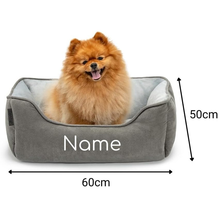 Ліжко для собак Lionto 2-в-1 з комфортним входом, м'яке домашнє ліжко для тварин, яке можна перевернути, для собак та котів, 80x60 см, подушка для собак з легкою у догляді імітацією замші, сіра (Д 60 x Ш 50 x В 22 см (з нанесенням імені), Темно-сірий/Світ