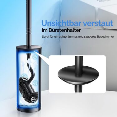 Набір для чищення унітазу HAMITOR з нержавіючої сталі: щітка для унітазу з кріпленням на стіну без свердління, для глибокого очищення під краєм, з швидковисихаючим підставкою, довга ручка, чорний, 1 шт.