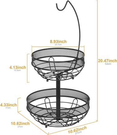 Двоярусна підставка для фруктів з кріпленням для бананів, чорна, з металевою мискою