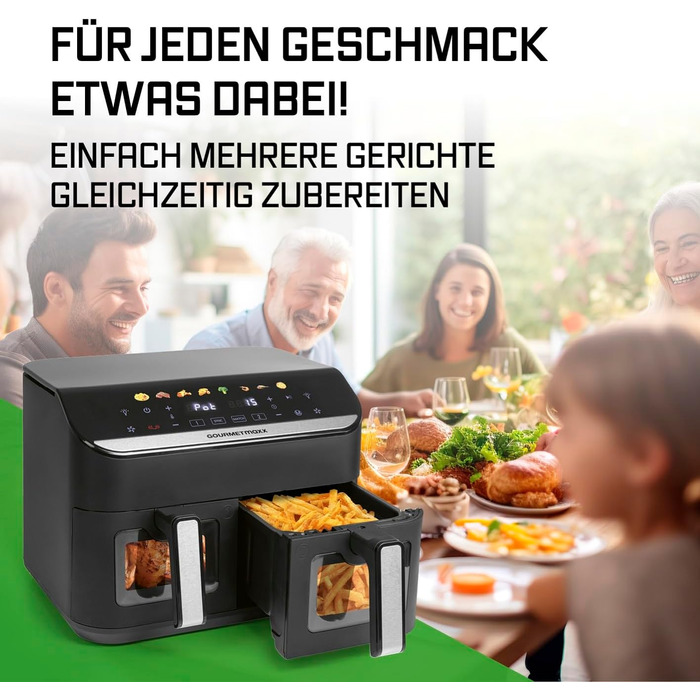 Фритюрниця повітряна Gourmetmaxx AirGenius 9 л з 2 відсіками | 8 програм | Мульти-кухня для 8 осіб | Сенсорний дисплей