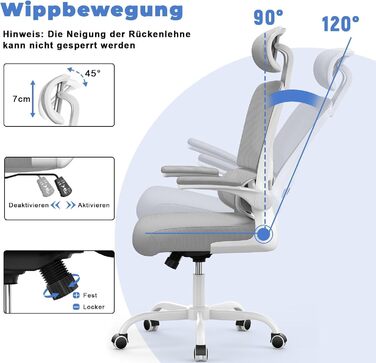 Офісний стіл Bürostuhl: ергономічний крісло з регульованою підголівником, підлокітниками та підтримкою попереку. Динамічний поворотний стілець з дихаючою сіткою для дому та офісу (Сірий 2, з підголівником)