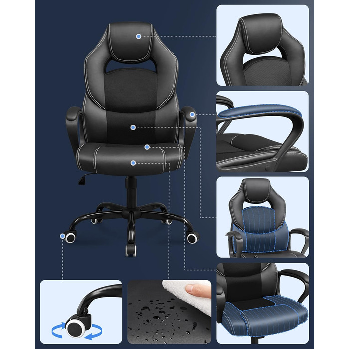 Офісний стілець SONGMICS Ergonomischer Bürostuhl, регульований, чорний, міцний, стабільний, OBG21B, 52 x 53 x 122 см