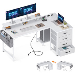 Кутовий письмовий стіл ODK білий L-подібний, 140x80x84,7 см, з 4 шухлядами, моніторною полицею, USB-портами та розетками для домашнього офісу
