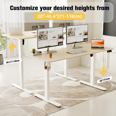 Ergonomaker Electric Height Adjustable Desk - Small Standing Desk with 2-Section Tabletop - Home Office Desk (White Frame + Oak Tabletop) - 140 x 60 cm