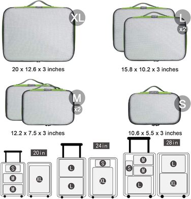 Органайзери для валізи G4Free, набір 6 шт (сітка) - зелений (S+2M+2L+XL) для подорожей
