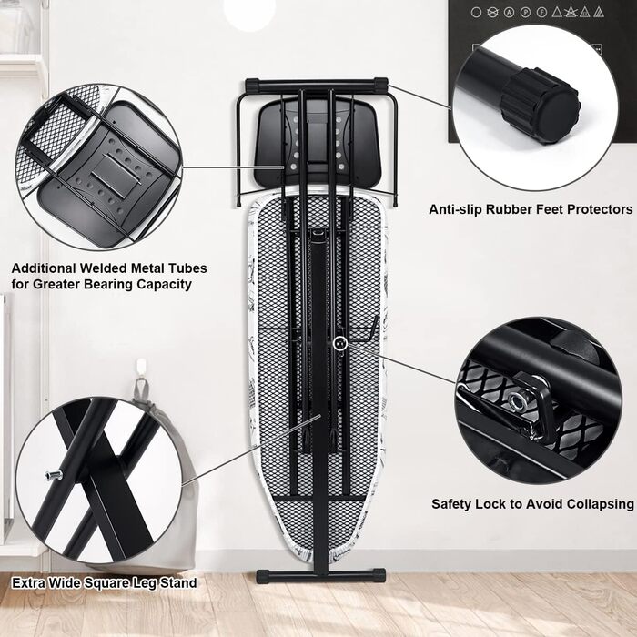 Прасувальна дошка Duwee Extra велика з парогенератором, термостійке покриття, регульована висота, стабільні ніжки, складна, 122 x 43 см (Біла)