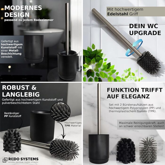 Торцева щітка для унітазу з нержавіючою ручкою - комплект з 2 насадками для ванної кімнати. Стійка, кругла щітка для туалету. Гігієнічна, антибактеріальна (чорний)