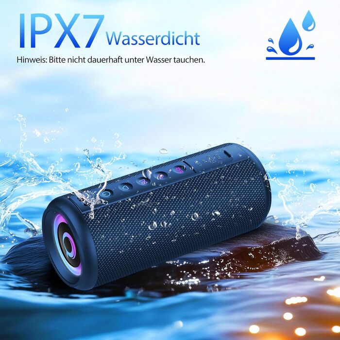 Bluetooth колонка 2026 з RGB підсвіткою, портативна водонепроникна (IPX7) колонка Bluetooth 5.4 з мікрофоном для подорожей, саду та активного відпочинку (Синій)
