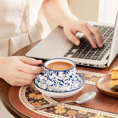 Набір чашок для еспресо Vancasso Selene, 4 шт. - порцелянові чашки з блюдцем та підставкою для капучино, лате, чаю (9.6 x 5.6 см)