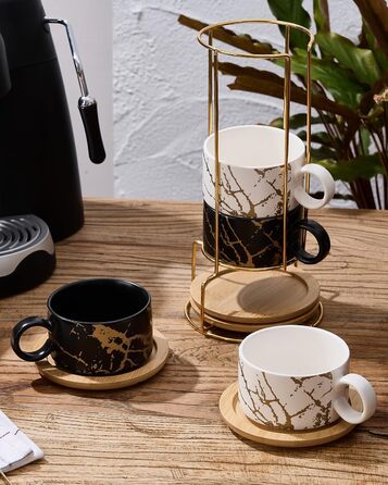 Набір чашок кавових Cappuccino HOME DECOR - 4 шт. по 160 мл з підставками та стійкою - 160 мл, кераміка, для еспресо, капучино, лате, мармурова колекція