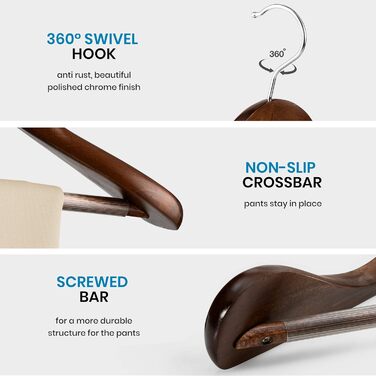 Дерев'яні вішалки Lotus ZOBER - 6 шт. - широкі, з гладкою поверхнею, обертовий гачок, перекладина для штанів, для пальто, курток, штанів та суконь, вінтажний стиль