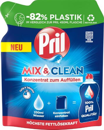 Концентрат для миття посуду PRIL Mix & Clean для дозаправки, засіб для ручного миття з високою жиророзчинною здатністю (9 x 120 мл)