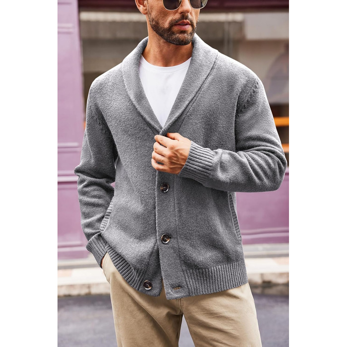 Чоловіча в'язана куртка Runcati з коміром-шарфом, стильна, на ґудзиках, зимова, з рельєфним в'язанням, груба в'язка (M, сіра)