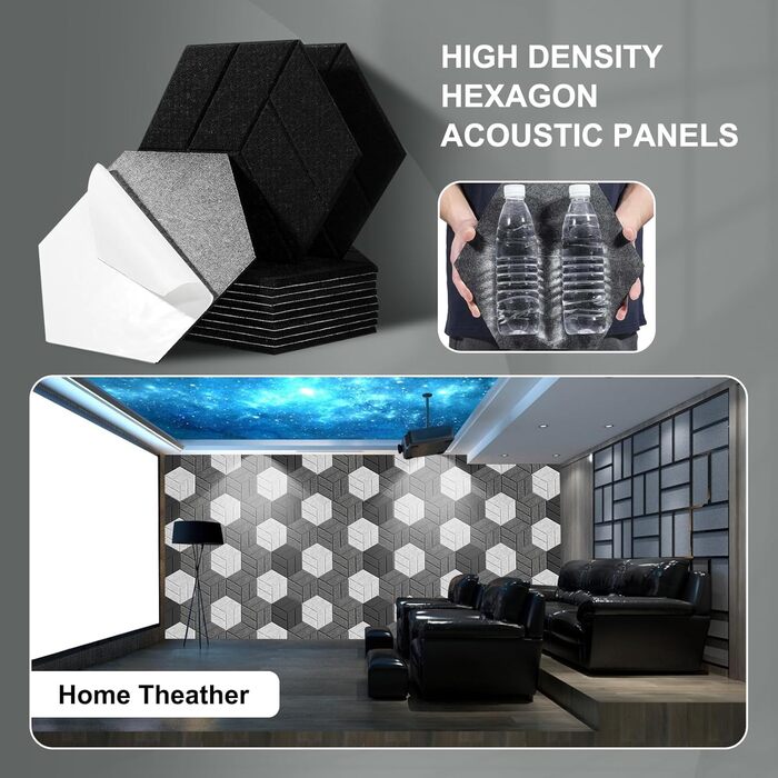 Акустичні гексагональні панелі з шумопоглинаючого поролону, самоклеючі шестикутні панелі для звукоізоляції студії, офісу та ігрової кімнати, 30x26x0.9 см, чорні (12 шт)