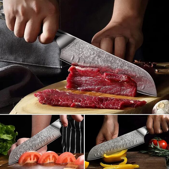 Японський ніж Santoku Kyushublade з дамаської сталі (67 шарів), з унікальною ручкою з карбону та золота, професійний кухонний ніж