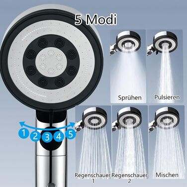 Nafall Shower Head with Filter - High Pressure Handheld Shower Head with Water Saving Design and 1.5M Hose, Shower Head with 5 Spray Patterns and Stop Function, Shower Head with Hose, Chrome (Chrome with 4 Filters)
