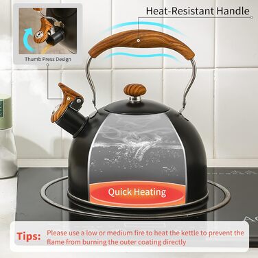 Чайник для плити LONFFERY 2.5л з свистком, з нержавіючої сталі, з дерев'ястим декором, складна ручка, кремово-білий/білий (чорний)