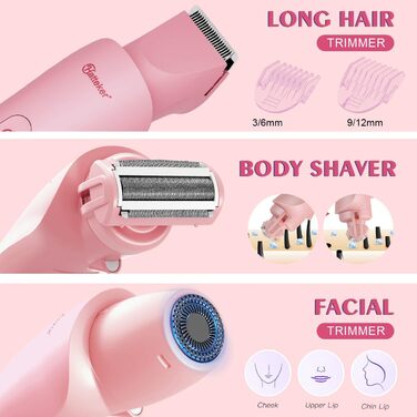 Електричний епілятор Hatteker 3-в-1 для жінок: тример для бікіні, епілятор та бритва. LED-дисплей, IPX7, USB-зарядка (Рожевий)