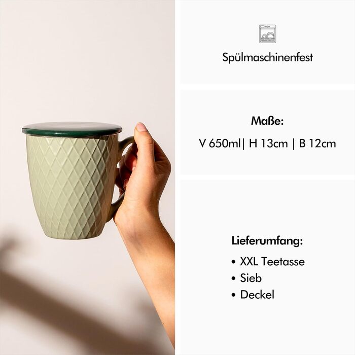 KIVY Large Teacup with Lid and Infuser [650ml] XXL Large Cup - Jumbocup - Large Teacup - Teacups - Tea Mug - Teacup with Lid - Teacup with Infuser - Large Cup - Teacup with Lid