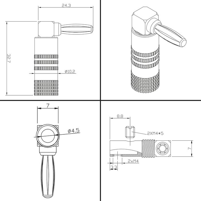 Комплект кутових бананових роз'ємів Poppstar High End (12 шт), 24K золоте напилення, для кабелів до 6 мм², червоні та чорні