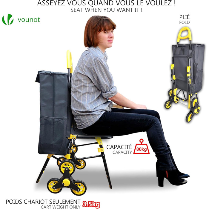 VOUNOT Shopping Cart with Stairs Climber, Cooler Compartment & Folding Seat - 3-Wheel Folding Grocery Cart (40L)