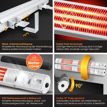 Інфрачервовий обігрівач KESSER® 3000W з LED-підсвічуванням, WiFi та пультом дистанційного керування. Підходить для тераси, кафе, бару. Обігрівач на стіну, кварцовий, з захисним чохлом.