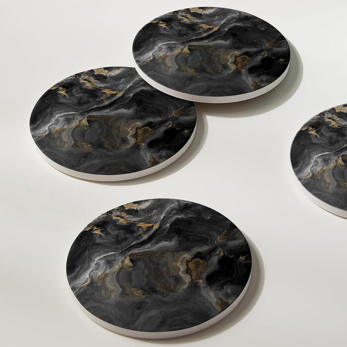 Set of 6 abstract dark blue marble coasters with holder, absorbent ceramic coasters for drinks, coasters with cork backing for table protection, housewarming gifts (Abstract Black Marble)