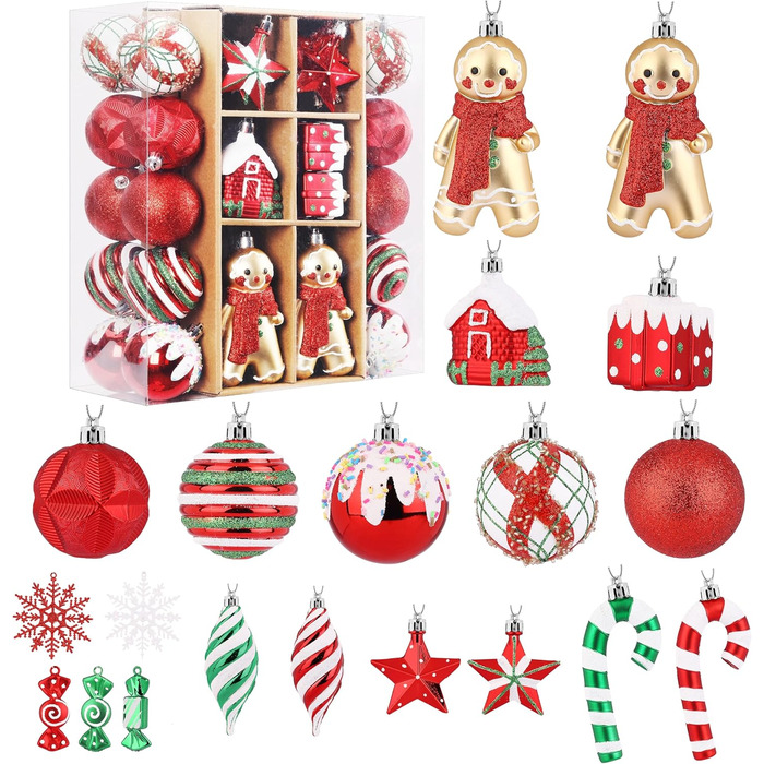 Набір прикрас на ялинку Shareconn 65 шт. з пластику, міцні ялинкові кулі з мотузкою, різного розміру та дизайну, декор для ялинки, червоний та білий (червоний, зелений, білий)