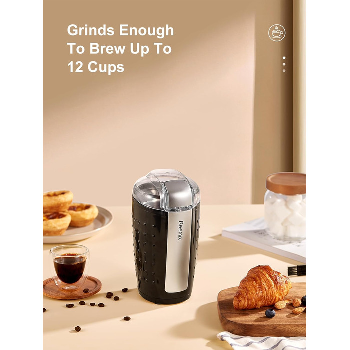 Електрична кавомолка Reemix, 100г, 2-в-1 (кава та спеції), з нержавіючої сталі, тиха, з щіткою та ложкою, чорна