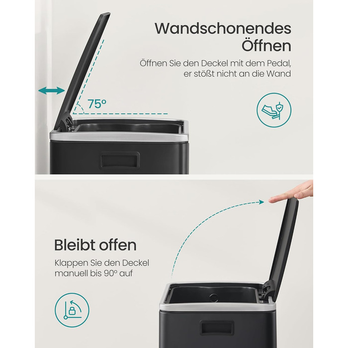 Відро для сміття SONGMICS 50 л, нержавіюча сталь, знімний внутрішній відро, Softclose, LTB595E01 (чорний)
