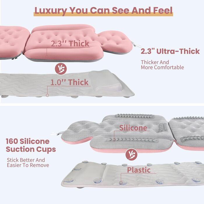Full Body Bathtub Pillow with 160 Suction Cups - Head & Neck Support Bath Mat with Laundry Bag (Dark Gray & Light Pink, 130x41cm / 51.2' x 16.2')