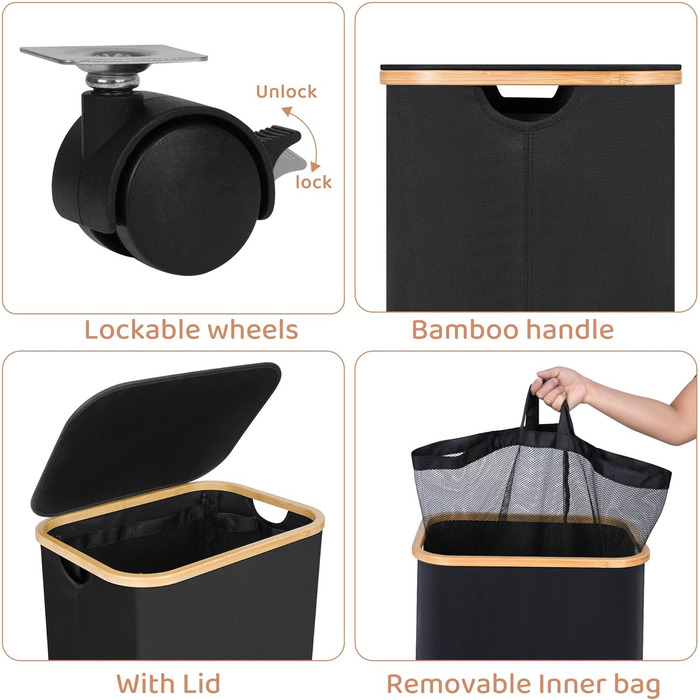 iEGrow Laundry Basket with Lid 75L, Narrow Laundry Baskets with Removable and Washable Inner Pocket, Laundry Hamper with Wheels, Foldable Laundry Baskets for Laundry Room, Bedroom, Bathroom (Black)