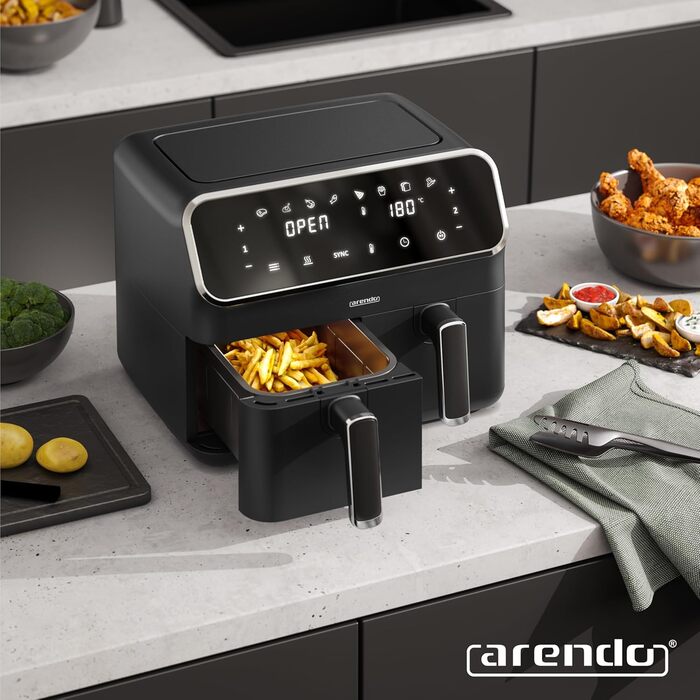 Арендо - Фритюрниця повітряна подвійна з 2 камерами, XXL об'єм, 2700 Вт, Airfryer, нержавіюча сталь, сенсорний дисплей, 3D циркуляція повітря, антипригарне покриття, без PFAS