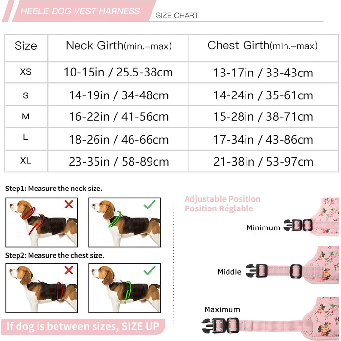 Шлейка для собак HEELE, рожева, квітковий принт, для середніх собак, 38-71 см, з м'яким ручним захопленням, світловідбиваюча