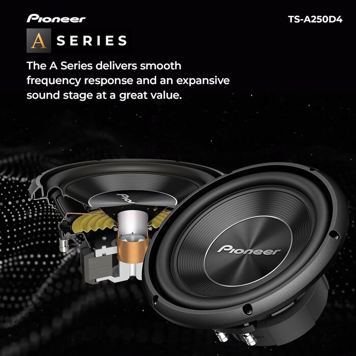 Сабвуфер Pioneer TS-A250D4 25 см, 1300 Вт, 2x4 Ом, подвійна котушка, для корпусного монтажу, чорний, IMPP мембрана, 400 Вт RMS
